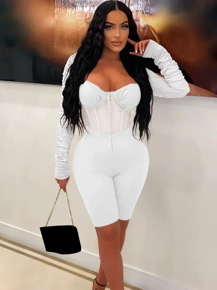 GUWU Ruched Corset Mesh Patchwork Romper Women Jumpsuits Long Sleeve Buckle Short Jumpsuits Workout Overalls Sexy Party Clubwear