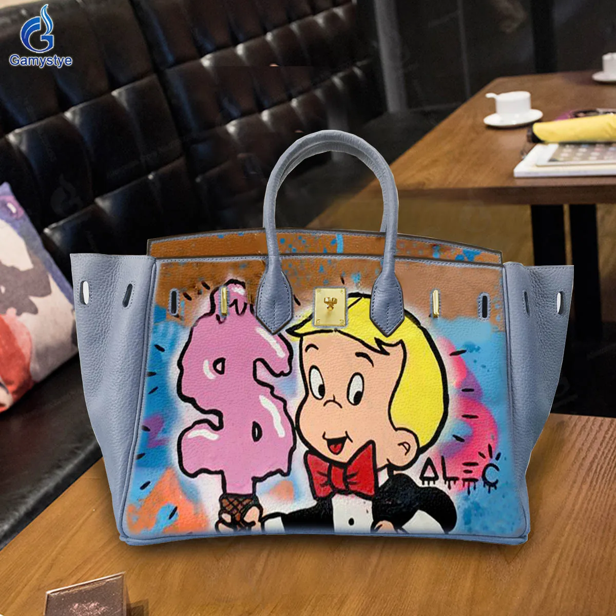 

Hand Draw Customize Art A child holding a dollar ice cream Bag Designer Totes Women purses and handbags Genuine Togo Leather New