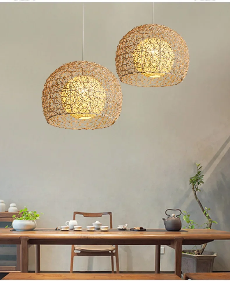 Japanese Style Rural Rattan Woven Chandelier Simple and Creative Personalized Bedroom Living Room Circular Hemp Ball LED Lamp
