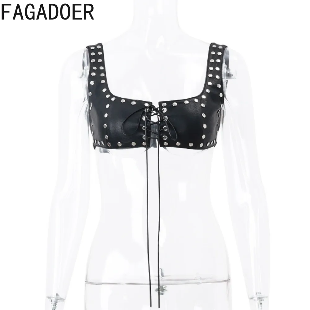 FAGADOER Punk Gothic 2 Piece Set Outfits Leather Bandage Lace-up Crop Top and Mini Pleated Skirt Suits Y2k Hot Girl Streetwear