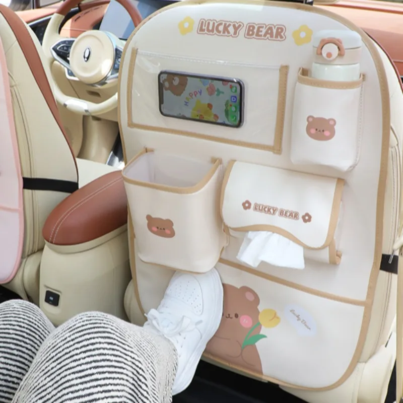 Auto-Rücksitz-Organizer, Cartoon-Stil, Trittmatten-Schutz für Kinder, abnehmbar, mit Touchscreen, Tablet-Halter, 5 Aufbewahrungstaschen