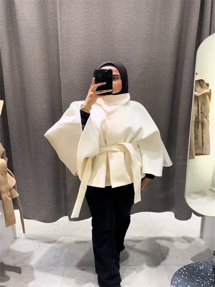 

Women's Cape Coat 2025 Autumn Winter Solid Color Trench with Stand Collar Button Detail Belted Waist Chic Outerwear
