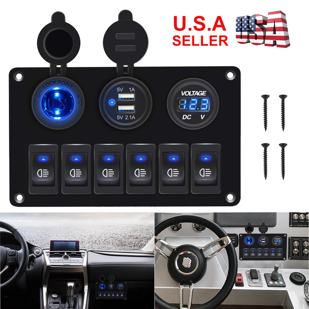 6 Gang Switch Control Panel 12V-24V Circuit Control Relay System Box Slim Touch Control Panel Dual USB for Boat Jeep UTV Caravan