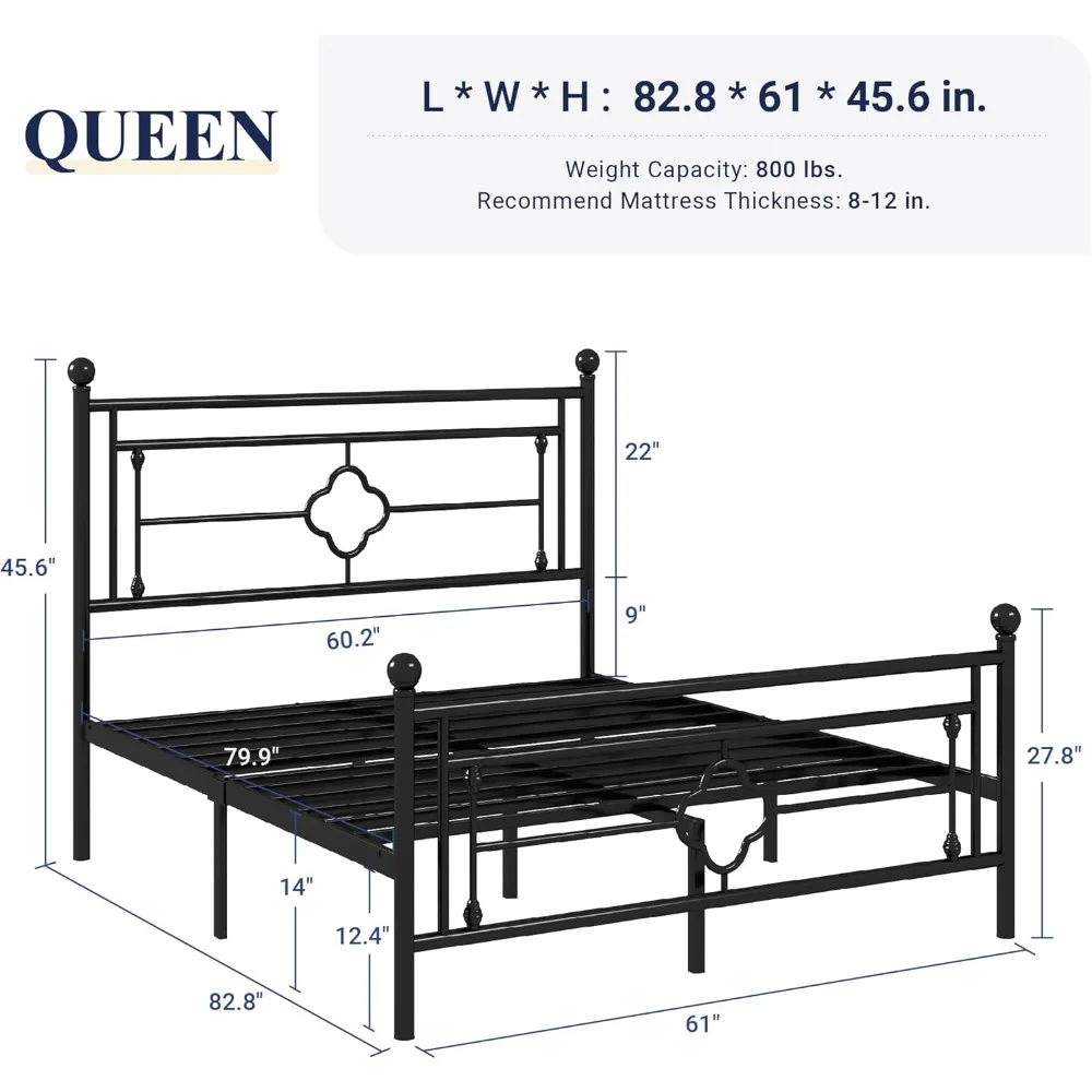 Queen Size Metal Platform Bed Frame w Victorian Vintage Headboard and Footboard/Mattress Foundation/Under Bed Storage Noise-Free