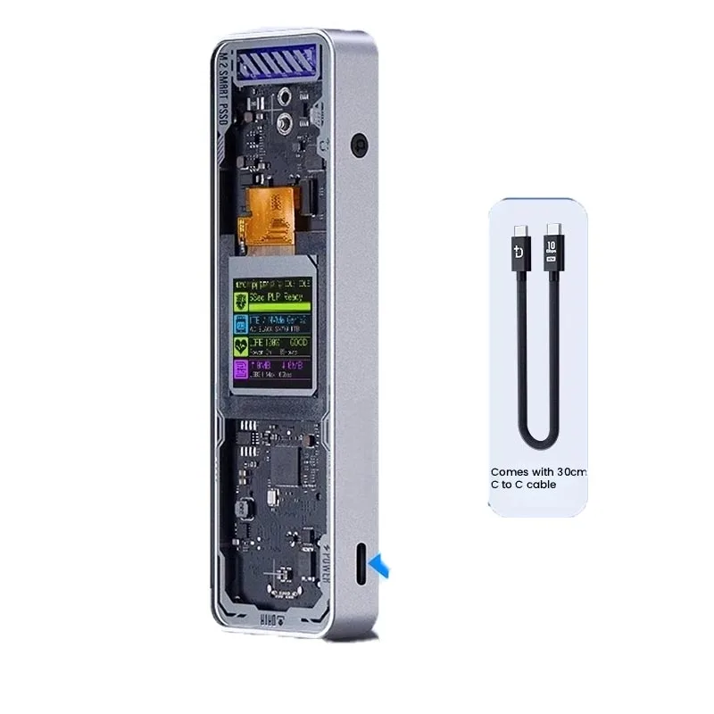Transparent M.2 SSD Enclosure with Display Screen, NVMe External Solid State Drive Case, 15W Power Supply