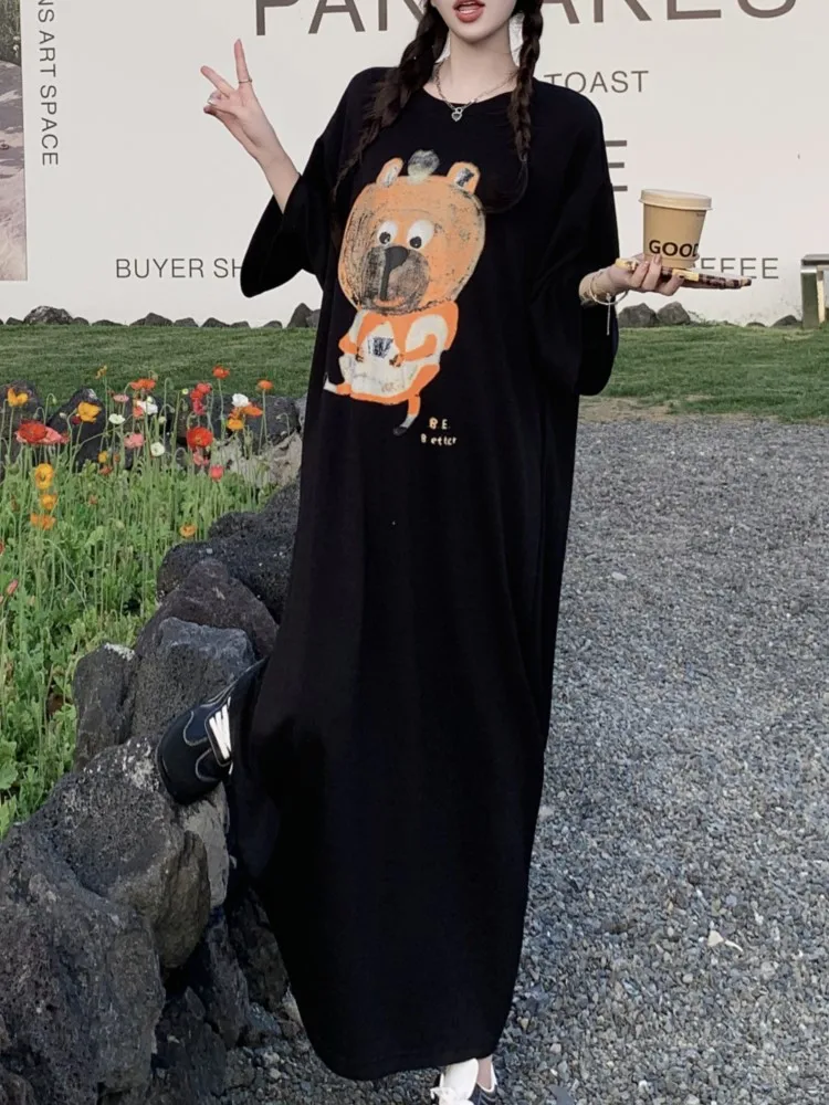 ルーズカジュアル韓国スタイル半袖 Tシャツドレス女性のロングサマードレスルーズスリットラウンドネックミディレディースドレス