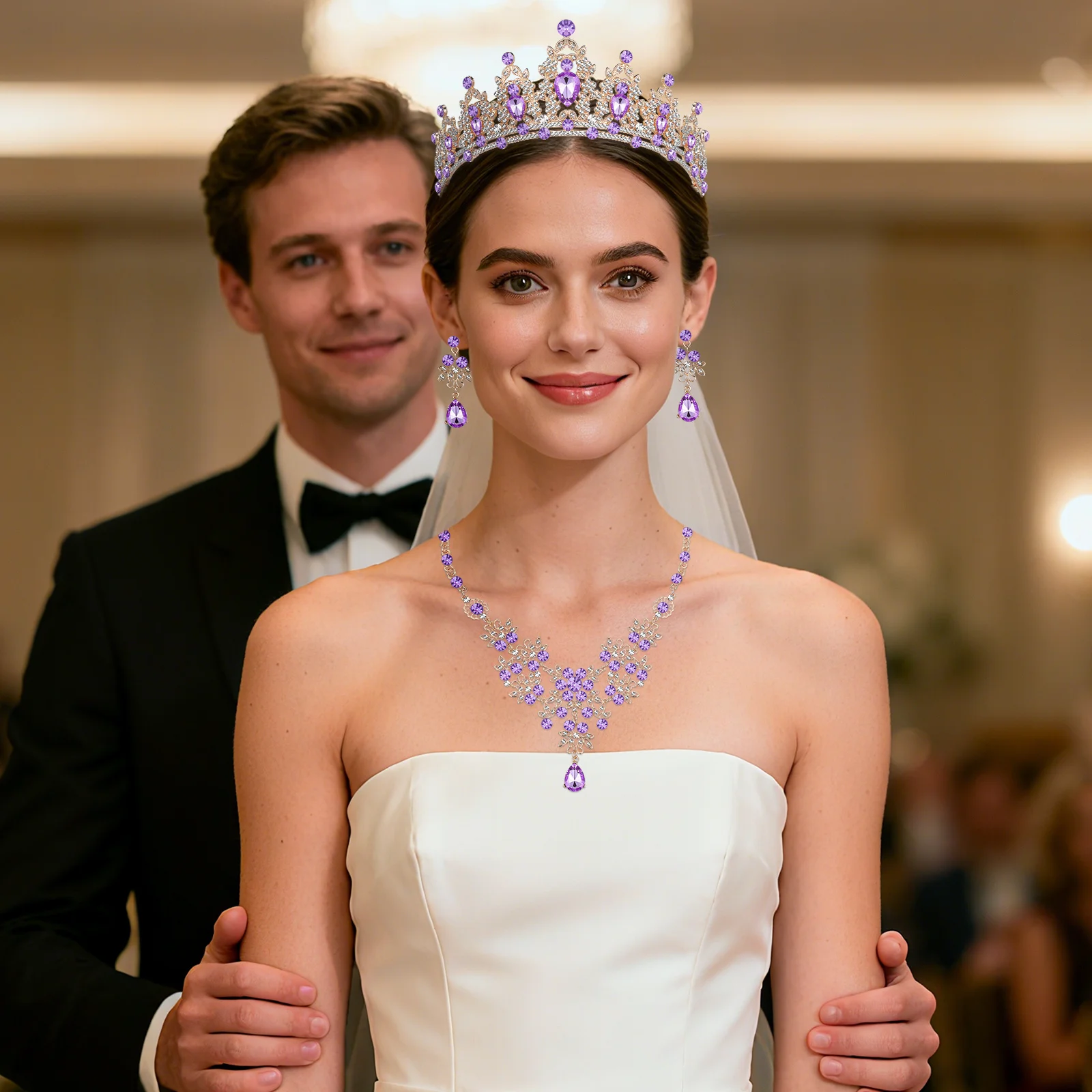 

Set Bridal Jewelry Crown Necklace Earrings Premium Wedding Accessories for Bride Birthday Engagement Banquet Charm
