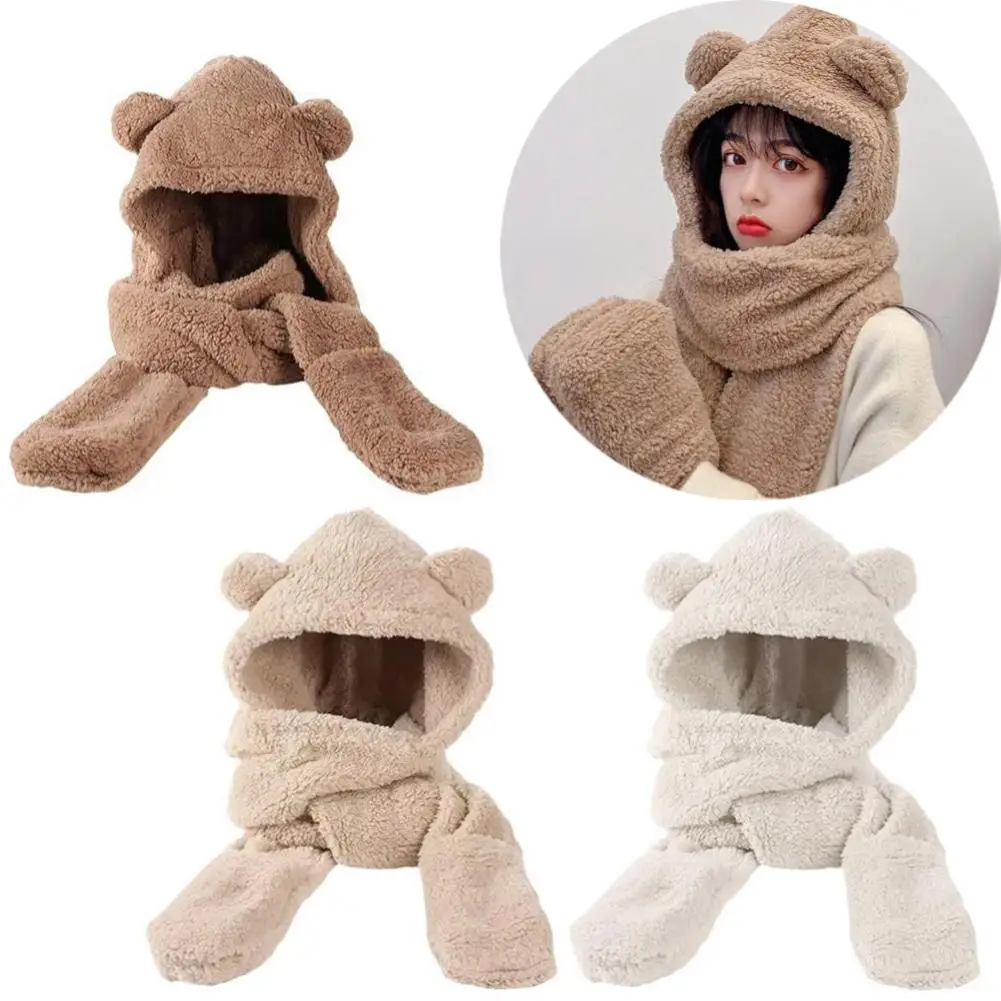 Cute Bear Ear Hat Fashion Winter Warm Comforts Polyester Thickened Plush Hoodie Hat Scarf Gloves Set Casual Girl Kawaii Warm Hat