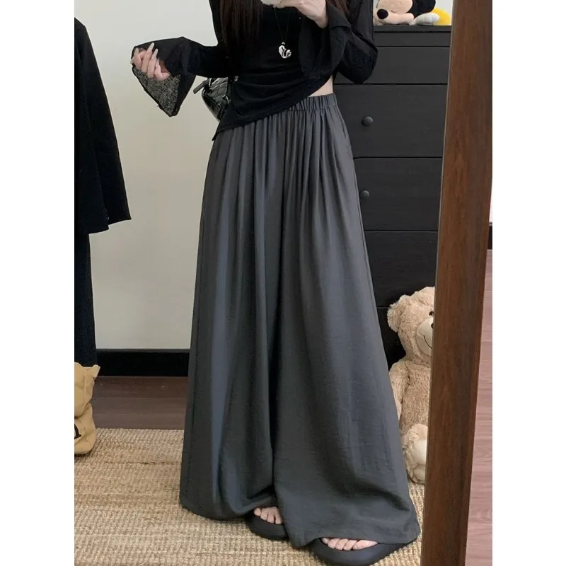 Women Summer Korean Style Loose Wide Leg Floor Length Pants Elastic Waist Breathable Lazy Casual Trousers Multiple Colors