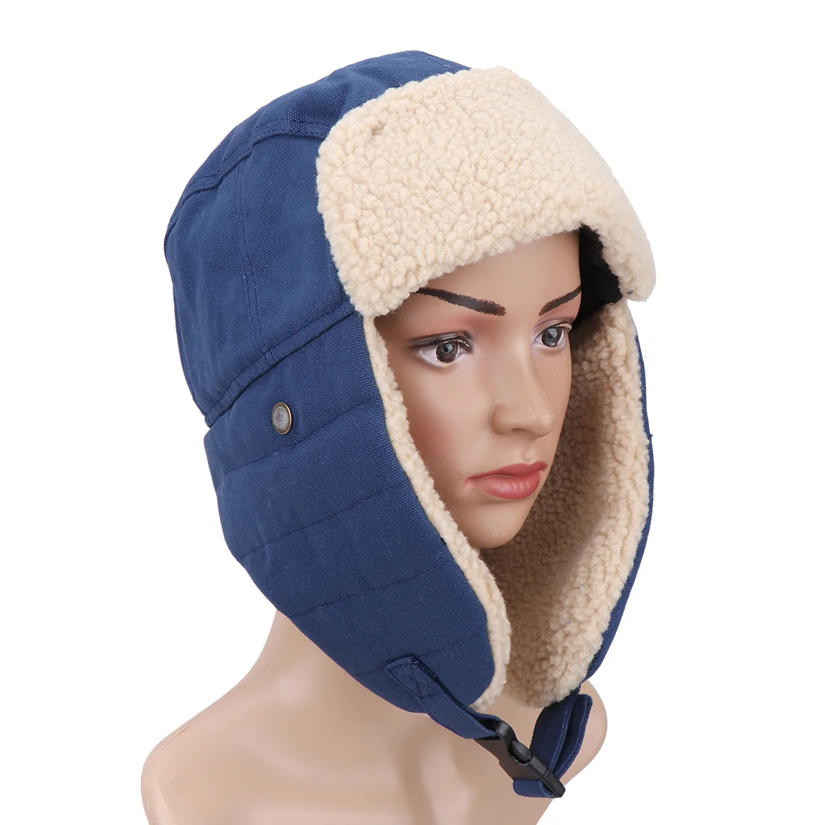 Winter Blue Windproof Thick Ear Flap Hat Polar Fleece Liner Adjustable Buckle Outdoor Warm Cap for Men Women
