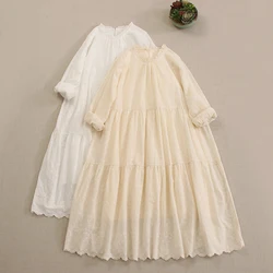 Japanese Mori Girl Sweet Lolita Embroidery Loose Dress Women Autumn Stand Collar Long Sleeve Double Layer Casual Midi Dresses