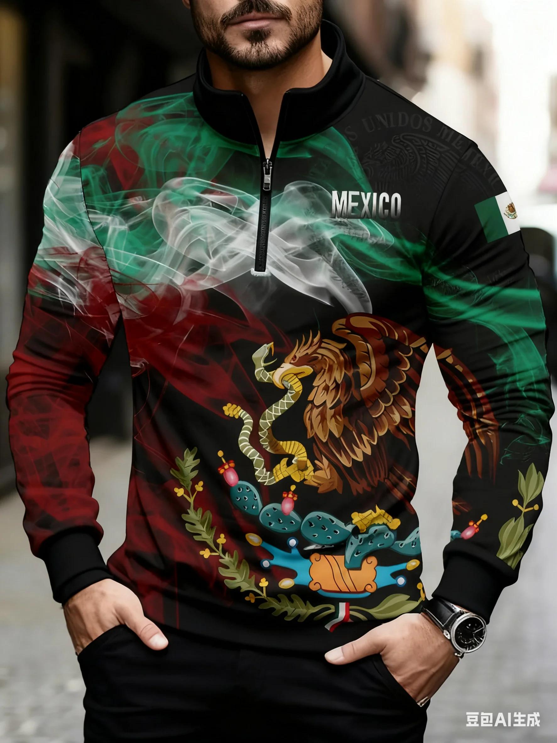 

Mexico Eagle Print Men's Sweatshirts Fashion Stand Collar Loose Coat Top Autumn Casual Half Zip Long Sleeve Pullover y2k Clothes