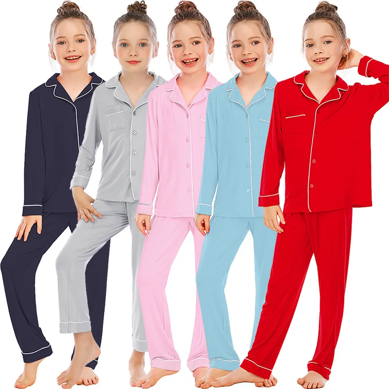 

Solid Color Homewear Girls Pajamas Modal Clothing Sets Kids Long Sleeve +Pant 2 Pieces Children Home Clothing Girl Nightgown Pjs