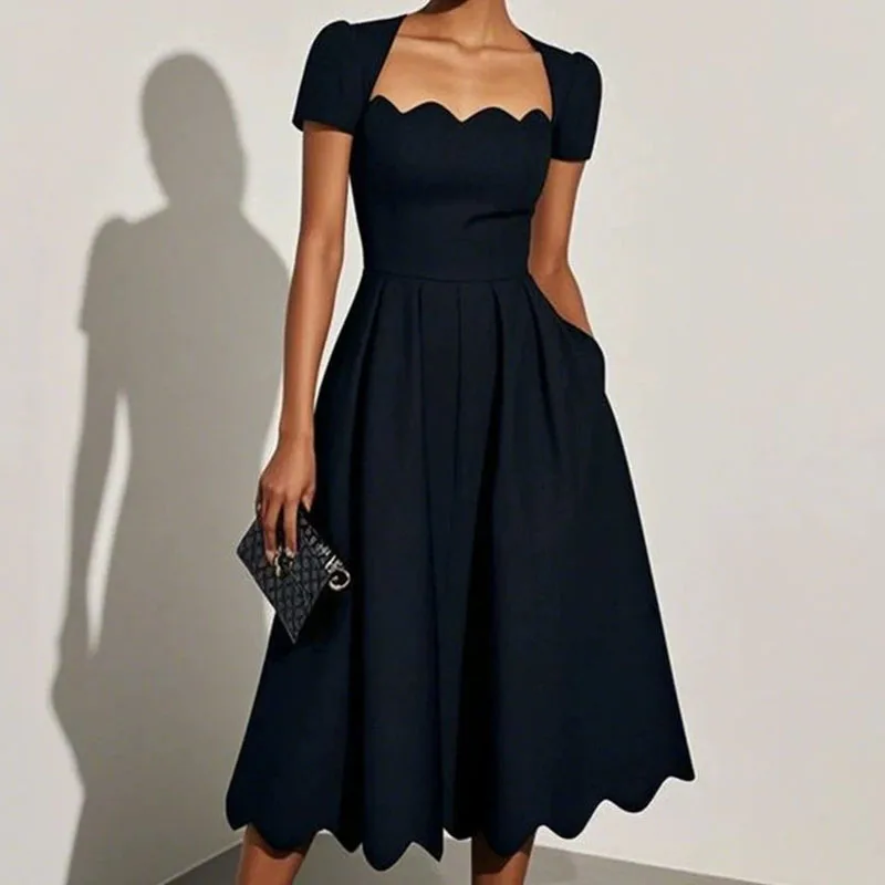 Abito lungo estivo da donna elegante con colletto quadrato a onde Abito lungo da spiaggia solido sexy da ufficio Manica corta Boho Maxi abiti femminili