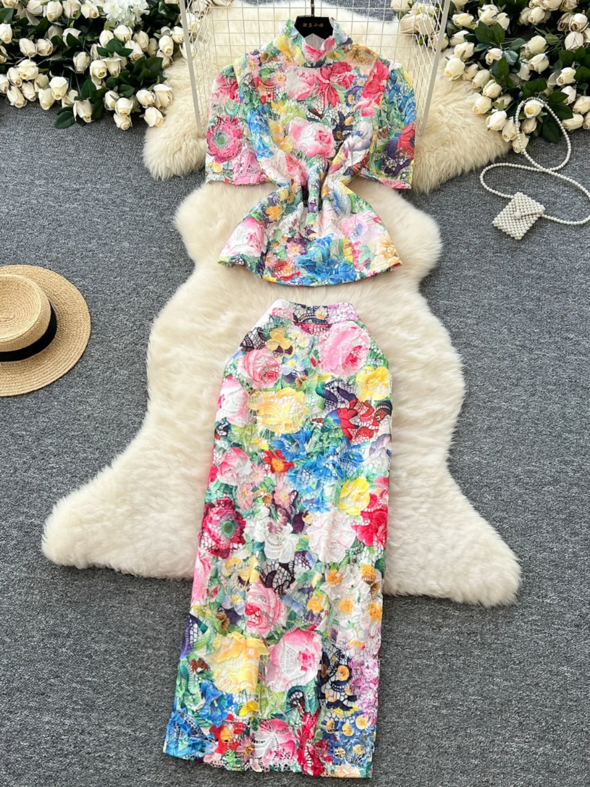 

Elegant Long Hollow Out Lace Dresses Women 2 Piece Sets Embroidery Hook Tops Pencil Midi Skirts Suits Office Lady Work Wear