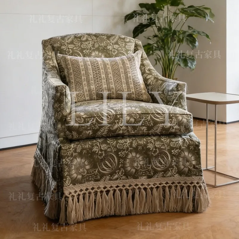 French vintage solid wood sofa chair, small apartment balcony printed lounge chair, American country study fabric single chair