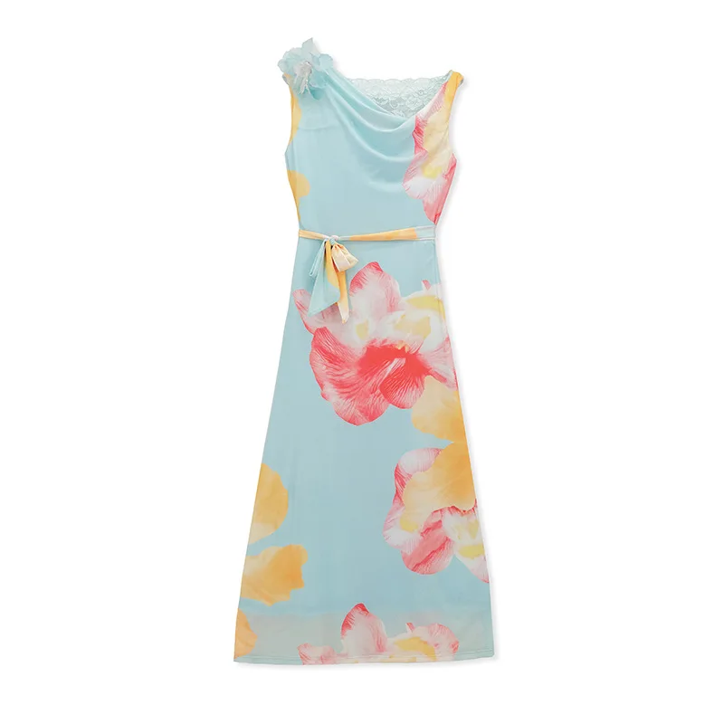 Elegante Vestido Largo de Sirena Floral para Mujer, Asimétrico, con Hombros Descubiertos, Encaje, Cinturón en la Cintura, Vestido Largo Ajustado para Invitadas de Boda y Eventos Nocturnos