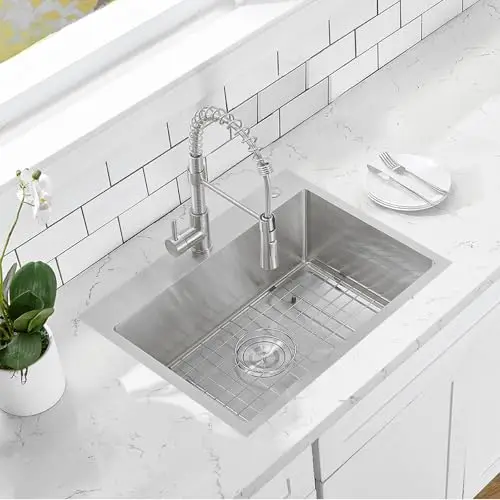 

24x18 Inch Stainless Steel Overmount Sink 304 Grade 16 Gauge Brushed Finish Single Basin With Grid, Strainer And Pre-Drilled