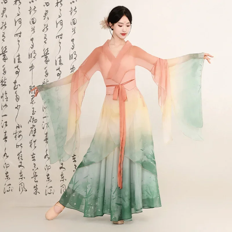 

Classical Dance Big Sleeve Shirt Gauze Elegant Fairy Chinese Style Dance Clothes Female Body Rhyme Gradual Change Color