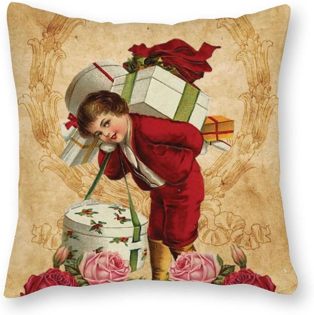 

Children Throw Pillow Cover 18 x 18 Inch Old Fashioned Christmas Antique Victorian Christmas Pillowcase Decorative