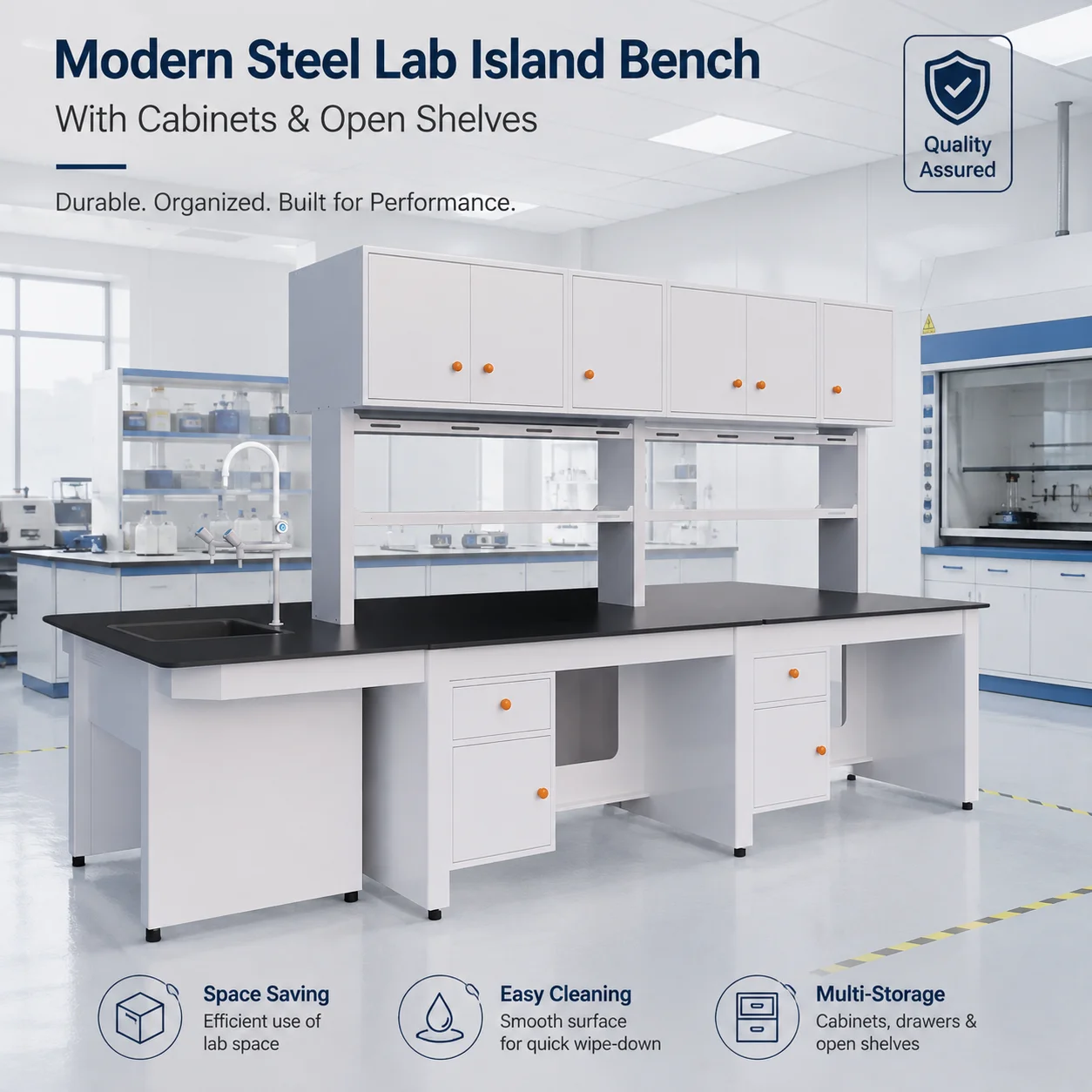 Modern Metal Steel Commercial Lab Work Table And Island Bench Science Lab Tables With Cabinets And Open Shelves