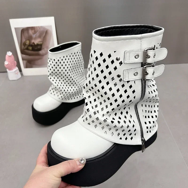 Bottes Courtes Ajourées avec Ceinture pour Femme, Chaussures Plates, Élégantes, à la Mode, Automne Hiver