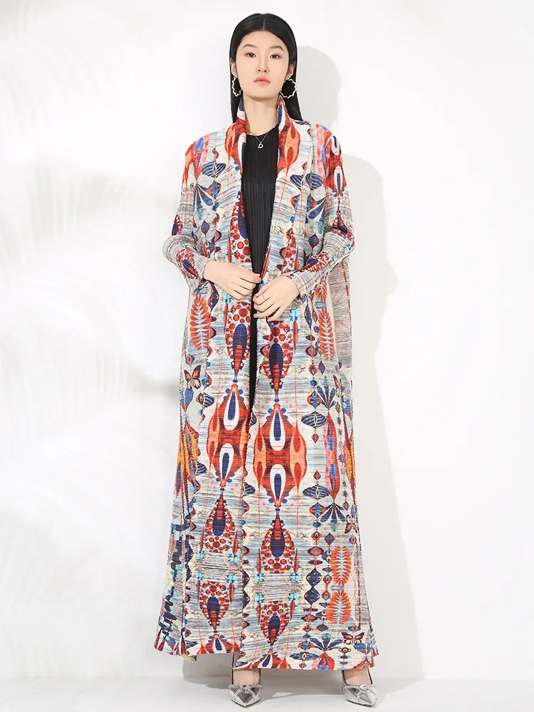 Miyake Pleated Abaya Women Trench Coat Dubai Muslim Caftan Printed Long Sleeve Morocco Original Designer Cardigan Long Coats
