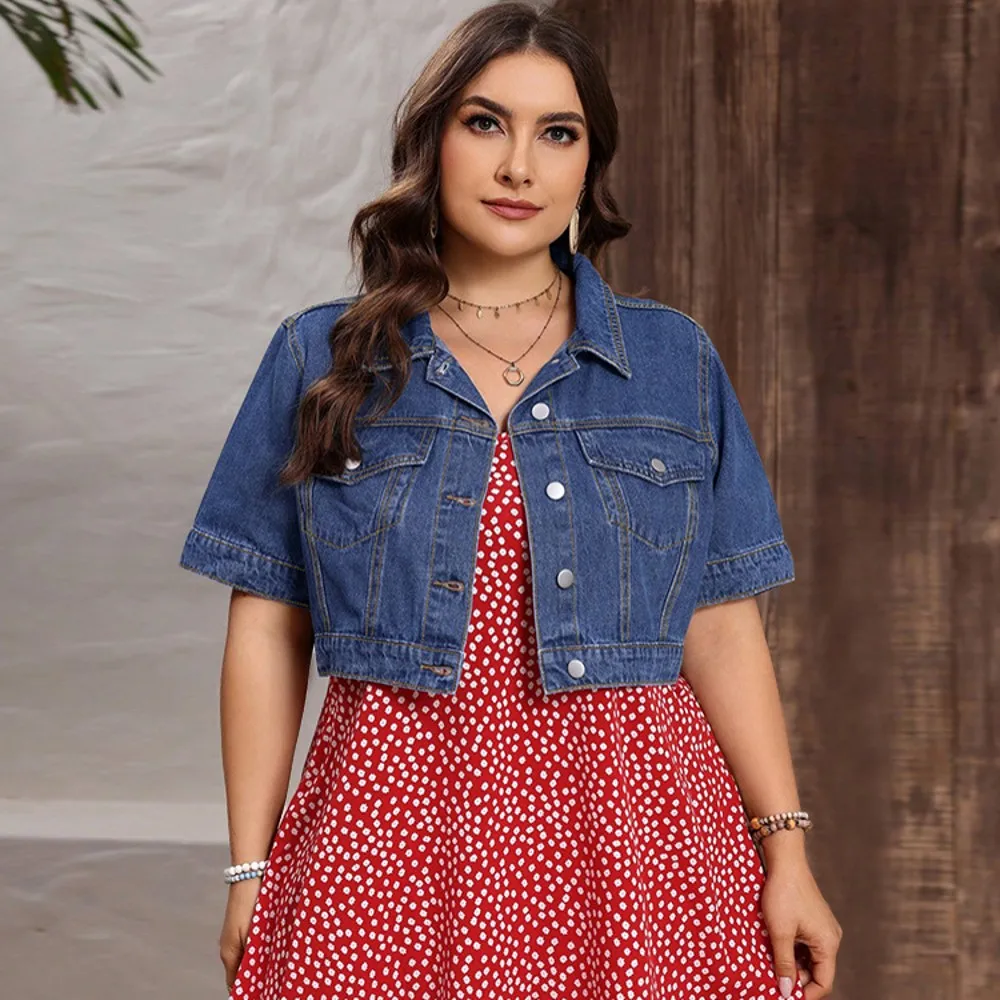 Veste en jean pour femme, haut décontracté, grande taille 3XL, vêtements de printemps et d'automne, manches courtes, gilets à simple boutonnage, 5XL 4XL