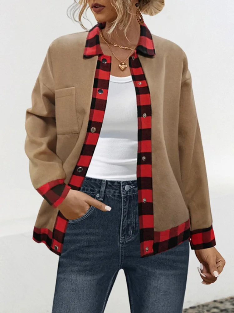 

Lemongor Women's Plaid Patchwork Lapel Jacket Coats Long Sleeves Loose Buttoned Fashion Casual Spring Autumn Outerwear