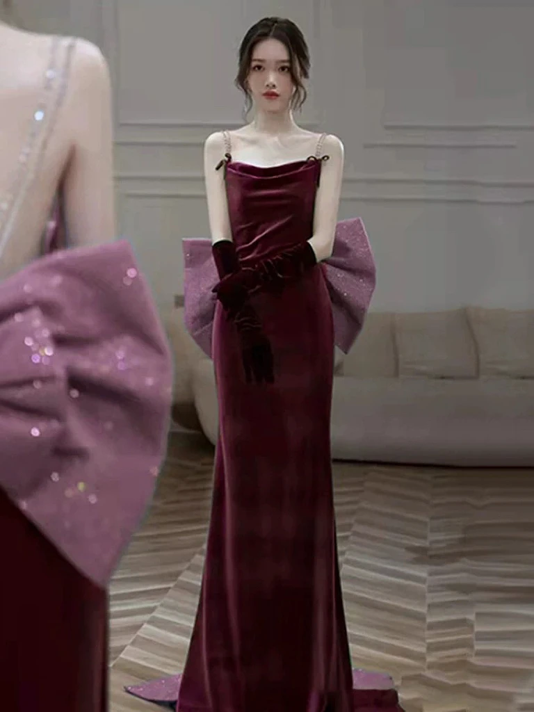 Burgundy Evening Dress Bow Train Velvet Mermaid Rhinestones Spaghetti Strap Sequined Chain QuinceaneraWedding Bride Party Gowns