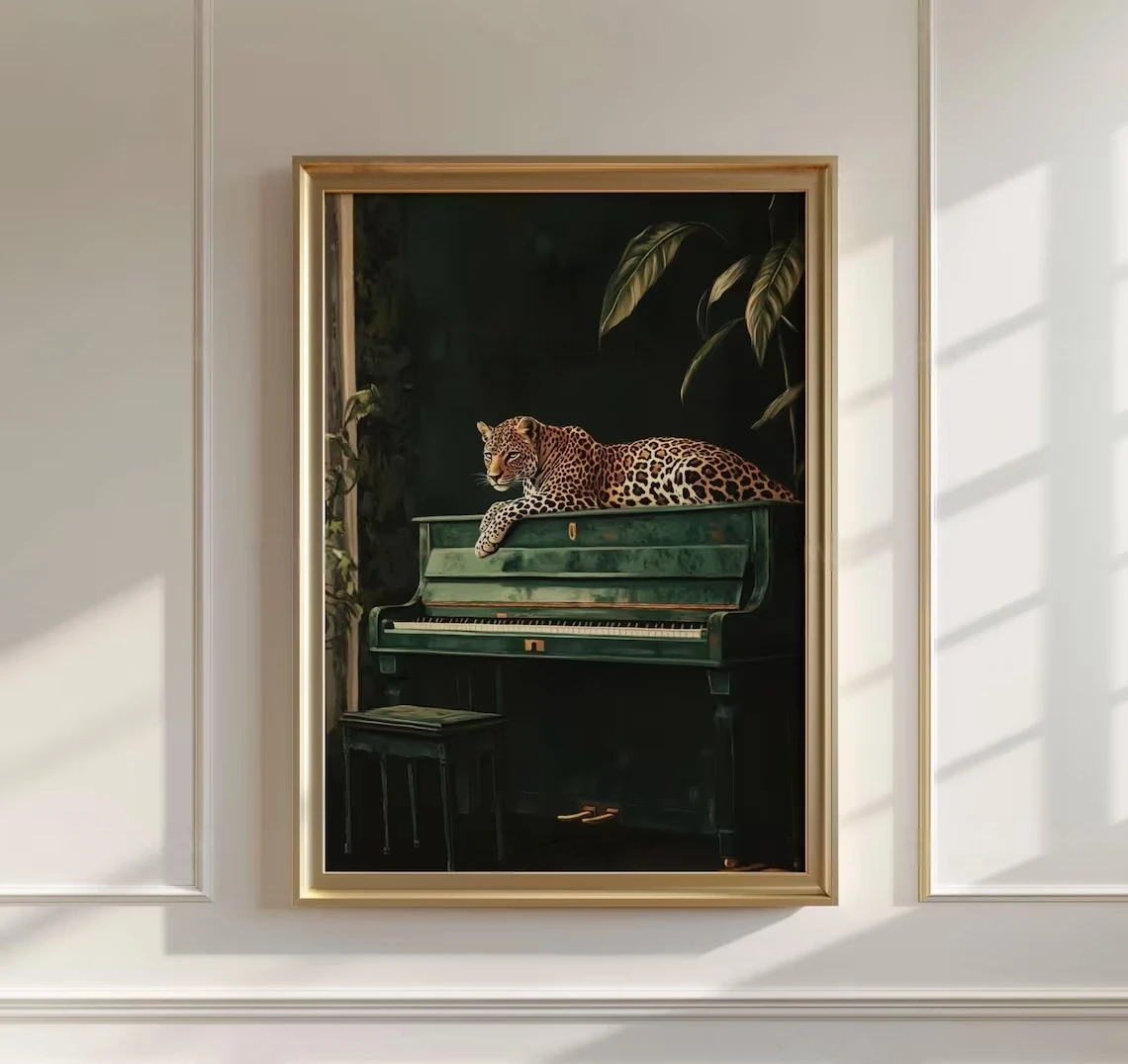 Elegant Leopard Wall Art on Green Piano Jungle Animal Canvas Print Maximalist Home Decor Wild Cat Musical Poster Feline Picture
