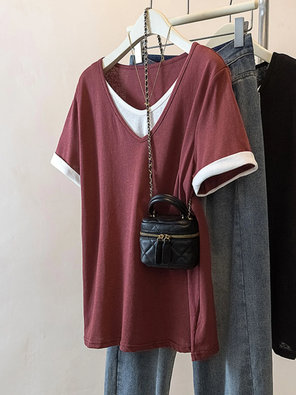 American Style V-Neck Short Sleeve T-Shirt Women Summer plus Size Base Shirt Fat Mm Slimming Belly Cover Casual Fake Two-Piec...
