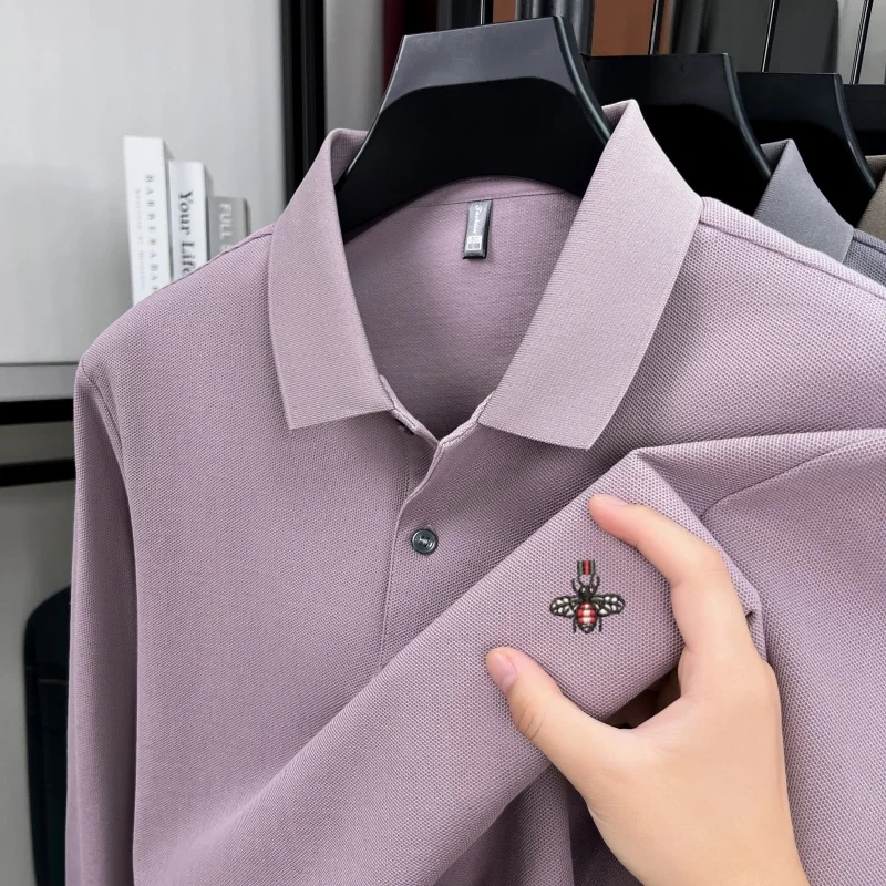 Fashion bee embroidery long sleeve 100%cotton polo shirt men's high-end brand skin friendly comfort solid color new item T-shirt