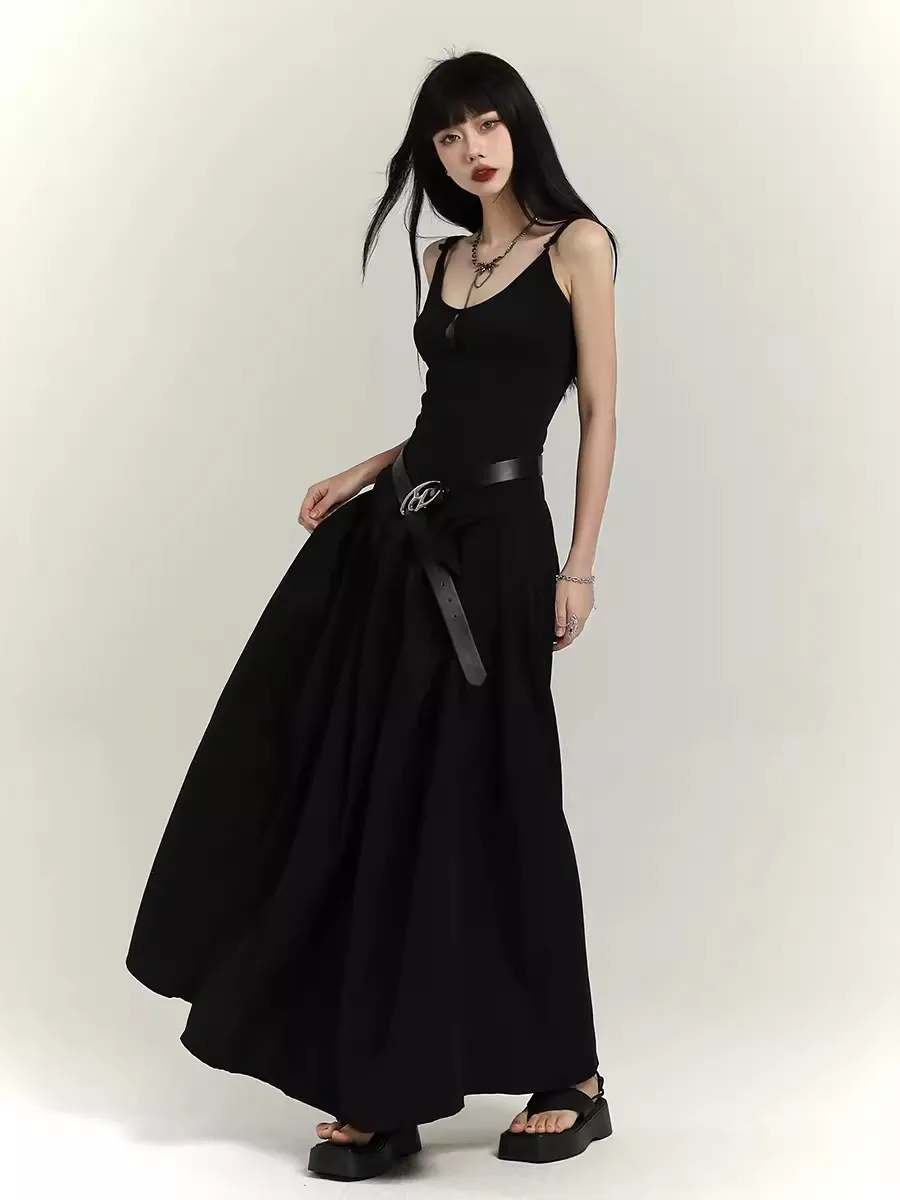 Rororiri aus geschnitten Frauen Maxi lange schwarze Kleid Stich solide lässige Spaghetti träger O-Ausschnitt Sommer einteilige Steampunk Goth Kleidung