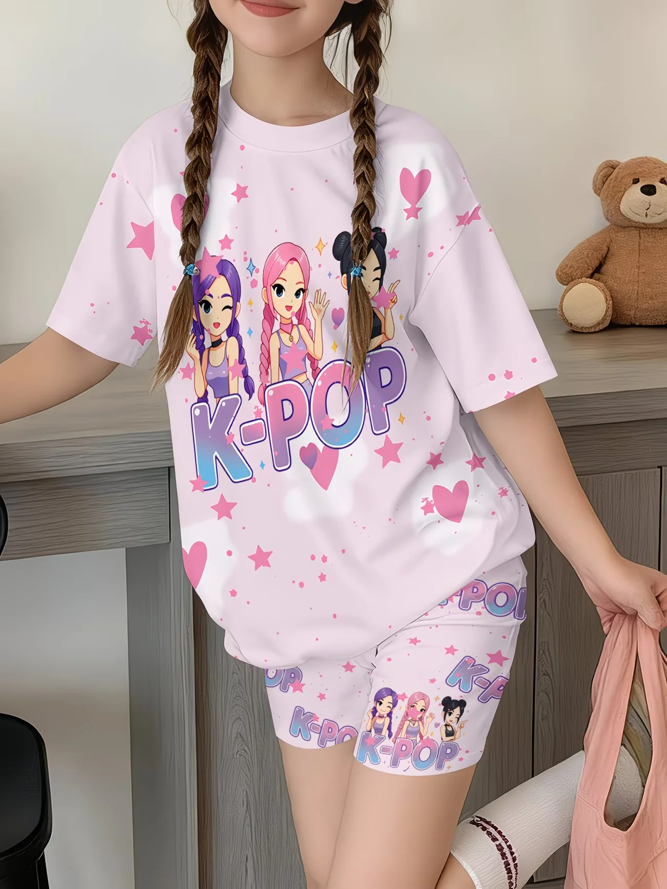 Kawaii Anime Print Kids Sport Suit Good Luck Letter Design Short Sleeve Tee and Shorts 2-Piece Set Girls Casual Summer Clothes