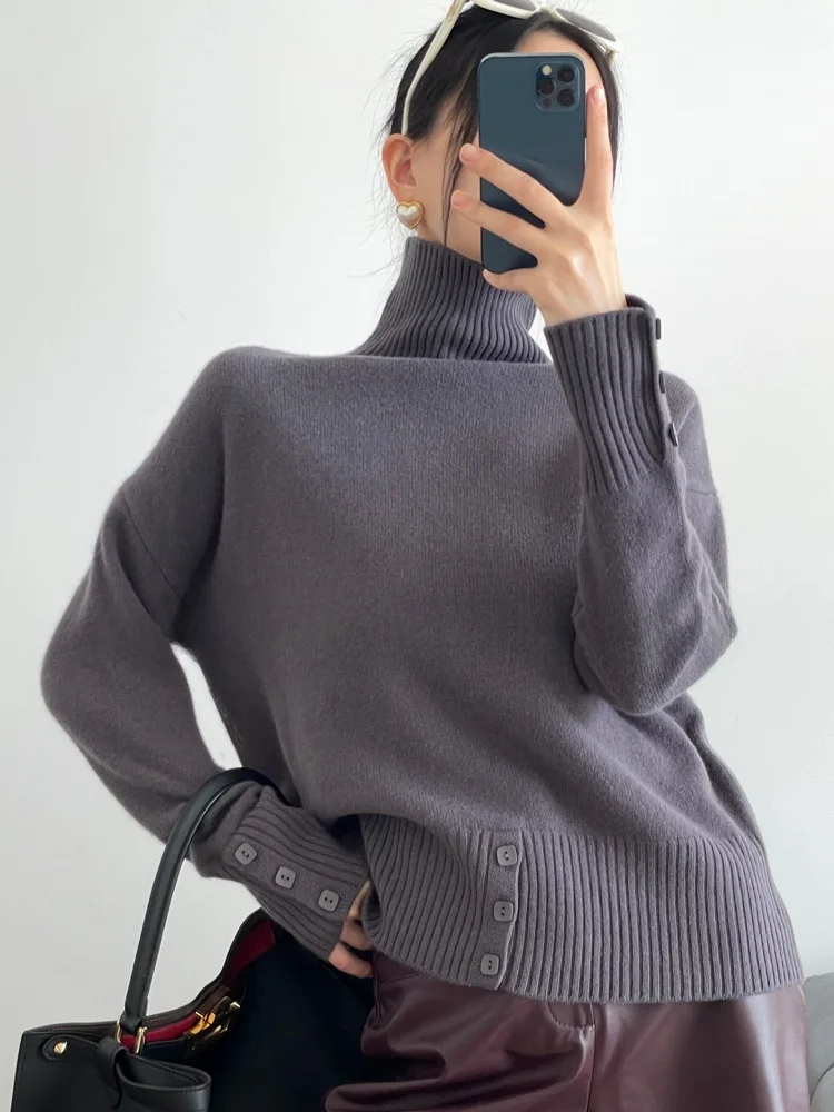 

Korean Sle Thiened High Collar Button Sweater 00 Wool Base irt Loose Fit Knitted Long Sve High Ne Warm Top
