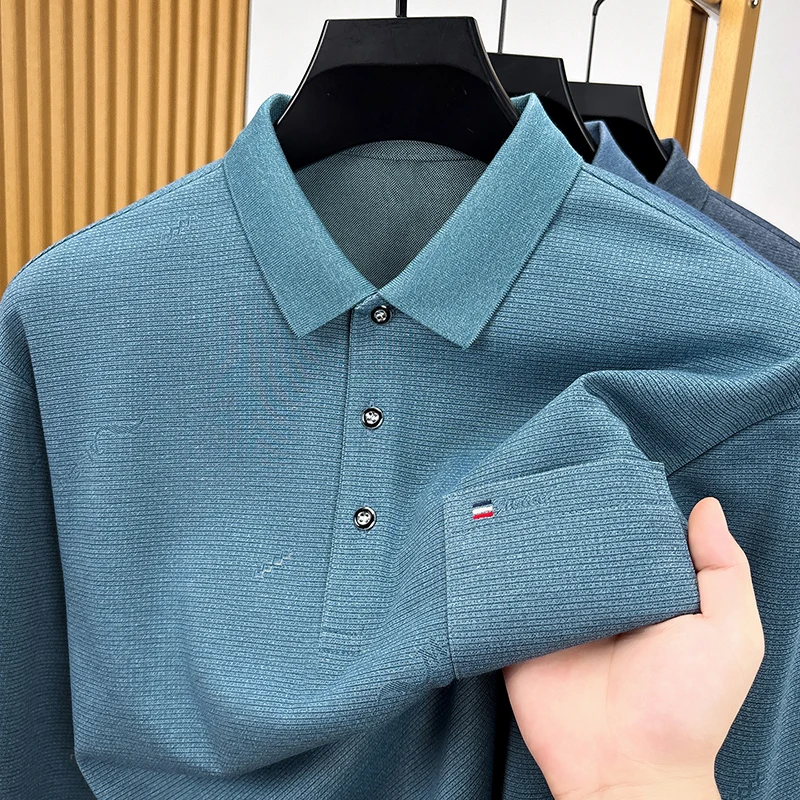 Men's New Style Autumn Long Sleeved Polo Shirt Containing Cotton Original Solid Color Pocket Pullover Tops Versatile Men's Wear