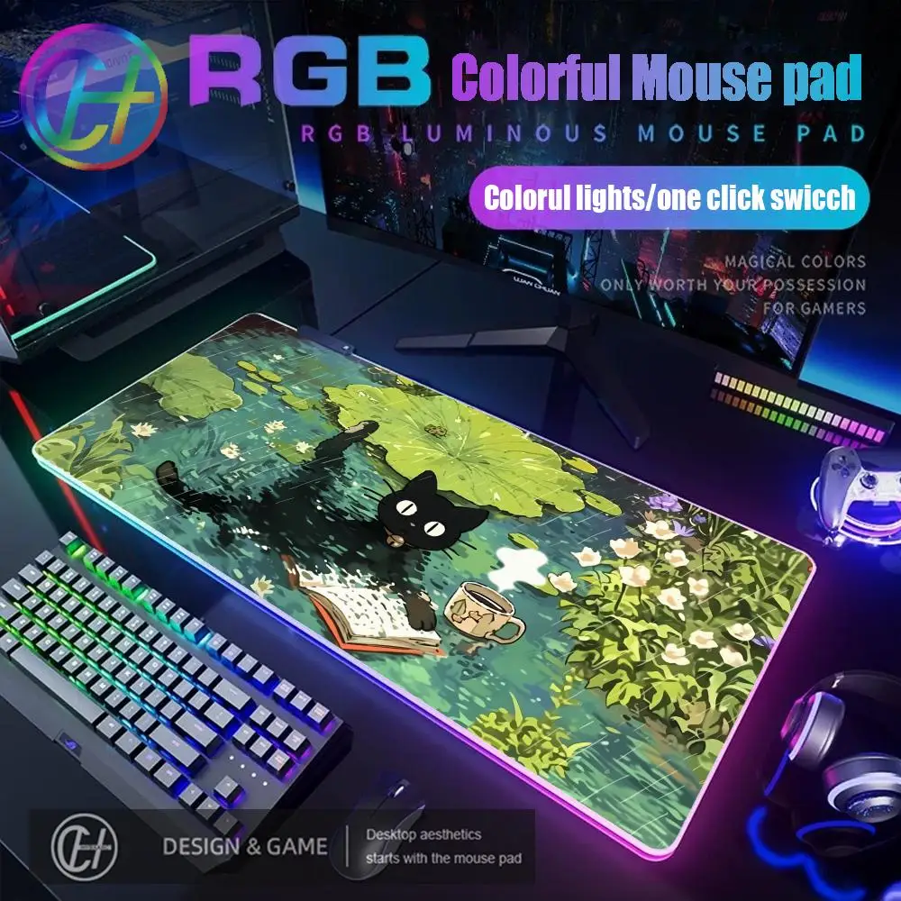 

Коврик для мыши с милым черным котом, игровой коврик для мыши RGB, настольный коврик HD Gamer, большой светодиодный светильник, коврики для мыши XXL, ковер для ПК, компьютера