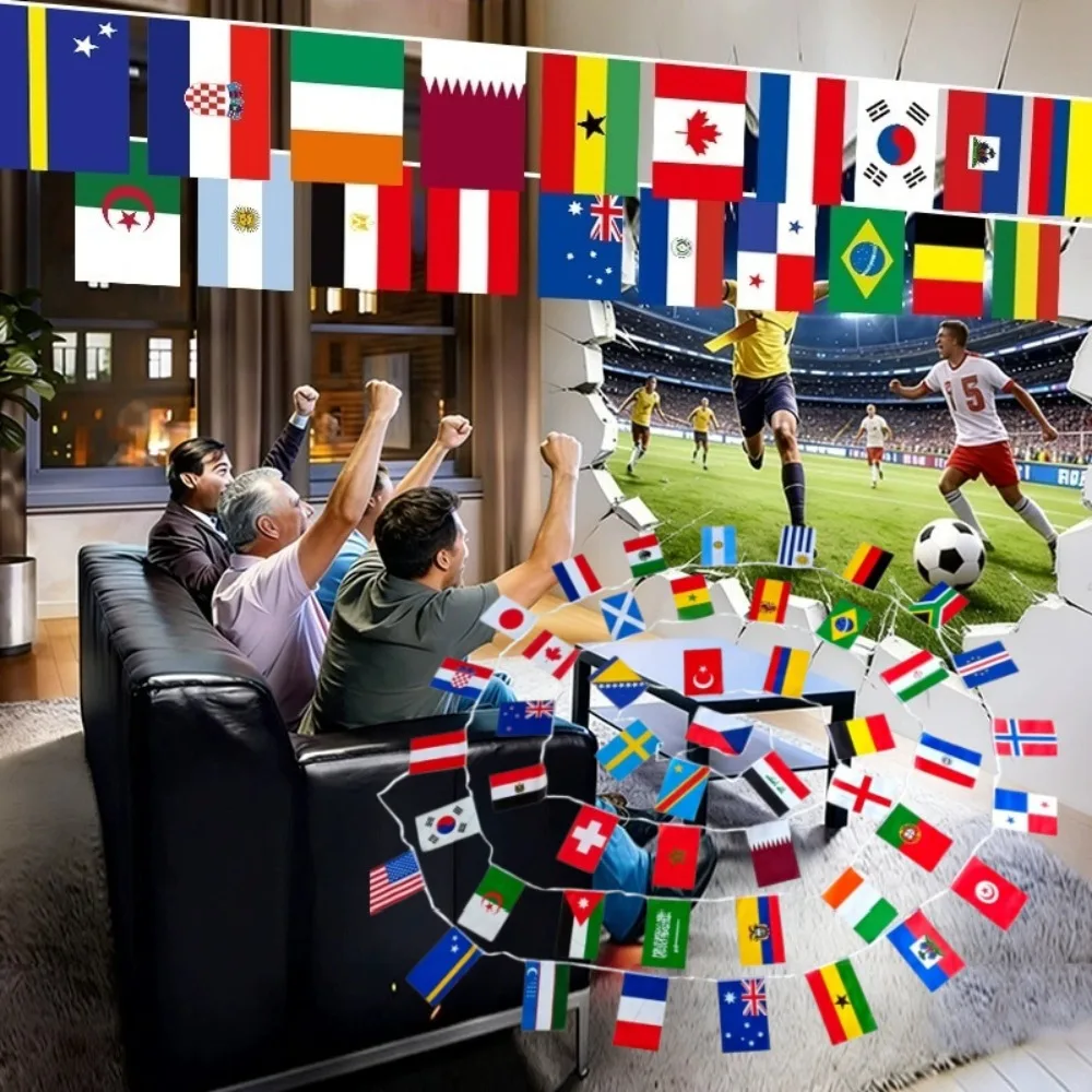 14.5M World Flag String Polyester 48 National Team Flags Banner for Sports Viewing Parties Public Festivals Each Flag 14x21cm