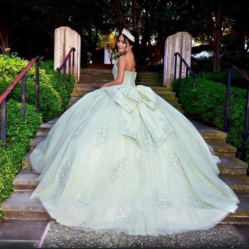 فستان Quinceanera مخصص باللون الأخضر النعناعي من EVLAST ثوب حفلة ثلاثي الأبعاد مزين بالزهور مطرز بفيونكة حلوة 16 فيستدو دي 15 أنوس TQD525