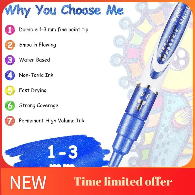Glitter Markers Pen Set 12 Acrylic Glitter Markers Paint Pens - Shimmer Marker, Fine Point Water-Based Pen Set For DIY Crafts