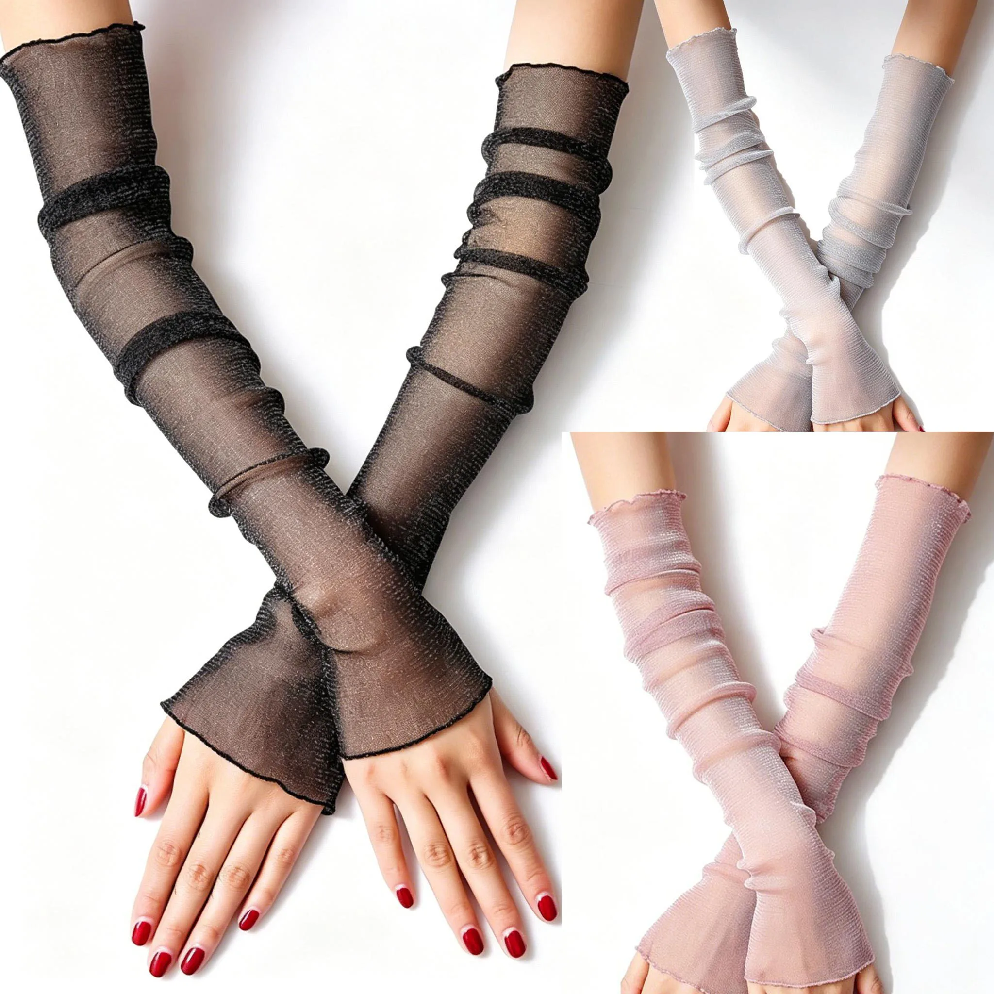 

Shimmer Mesh Sheer Sun Protection Arm Sleeves, Thin Lace Ice Silk Cooling Covers, Breathable Anti-UV Long Sleeves for Driving, C
