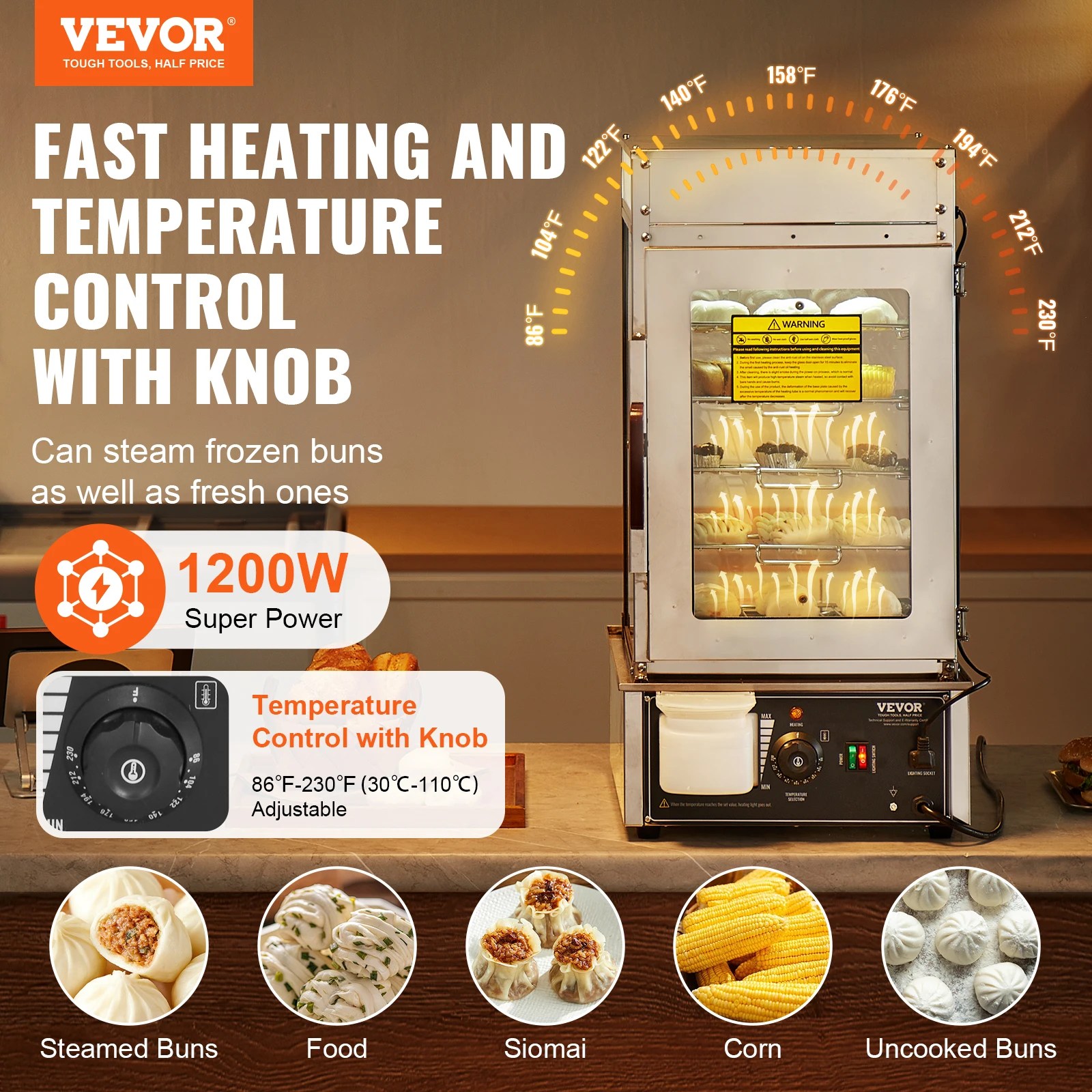 VEVOR Commercial Food Warmer Display Food Steamer Bun Warmer Machine Temperature Control Stainless Steel Steamed Buns Warmer