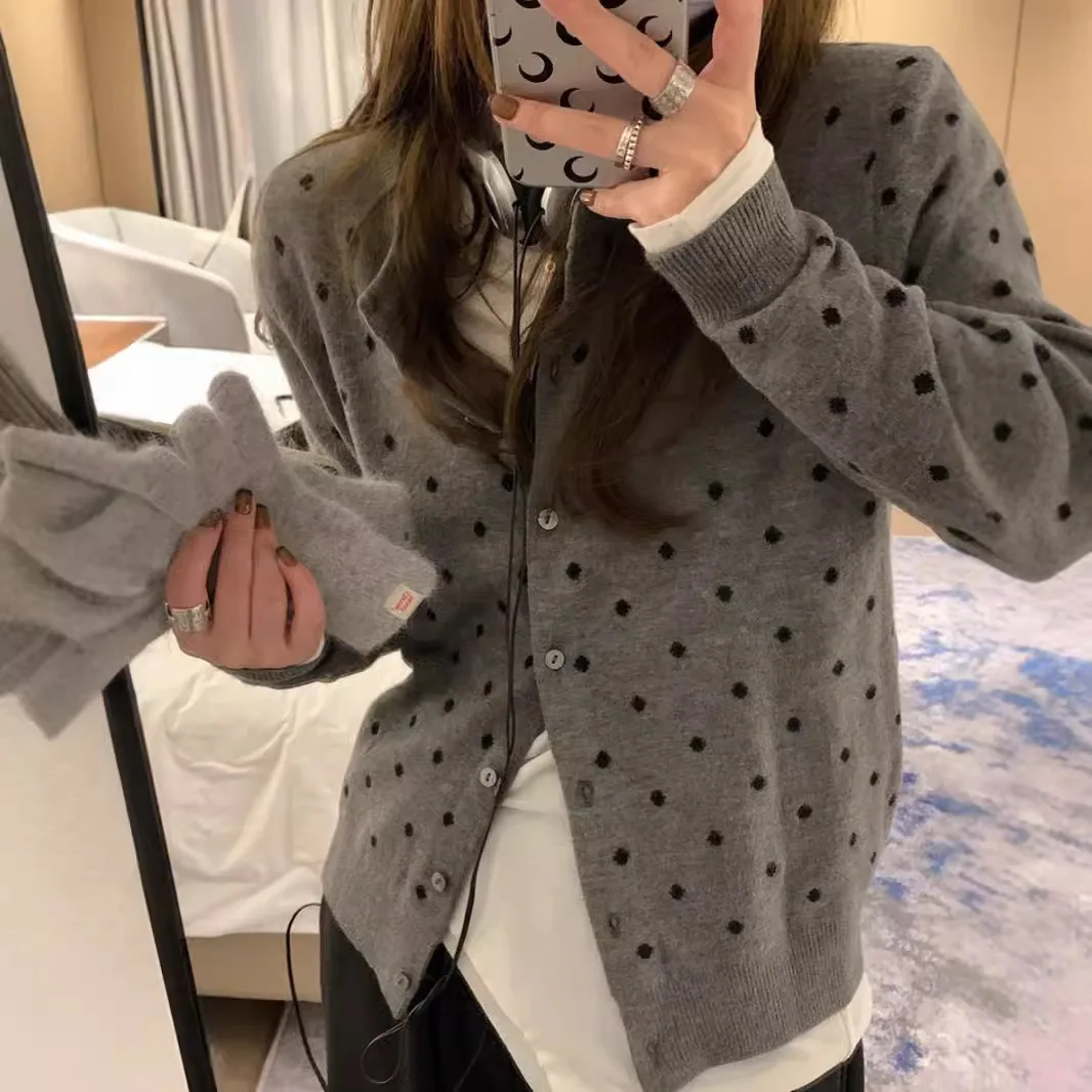 

Polka Dot Knitted Cardigan Women's Long Sve Inner Wear Design Sensation Versatile Slimming Outer Jaet Autumn 2024