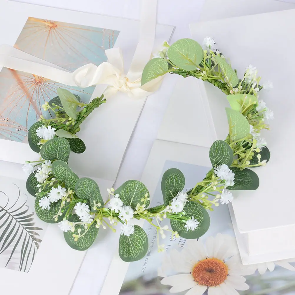 Flower Bridal Wreath Headband Artificial Breath Floral Crown Adjustable Ribbon Wedding Photography Headdress Holiday Party