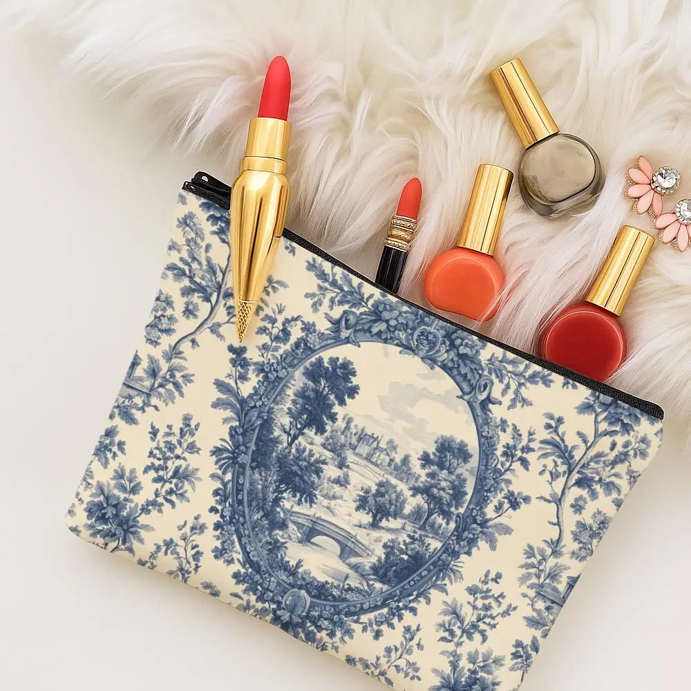 French Toile Blue Print Cosmetic Bag Pastoral Landscape Toiletry Organizer with Zipper Closure Lightweight Travel Makeup Pouch