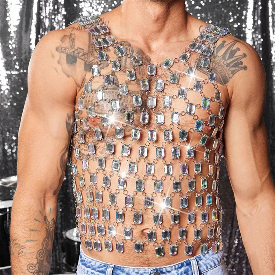Diamond See-through Vest Men Tank Tops Metal Chain Nightclub Shiny Heavy Men Clothes Backless Sleeveless Hollow Out T-Shirt