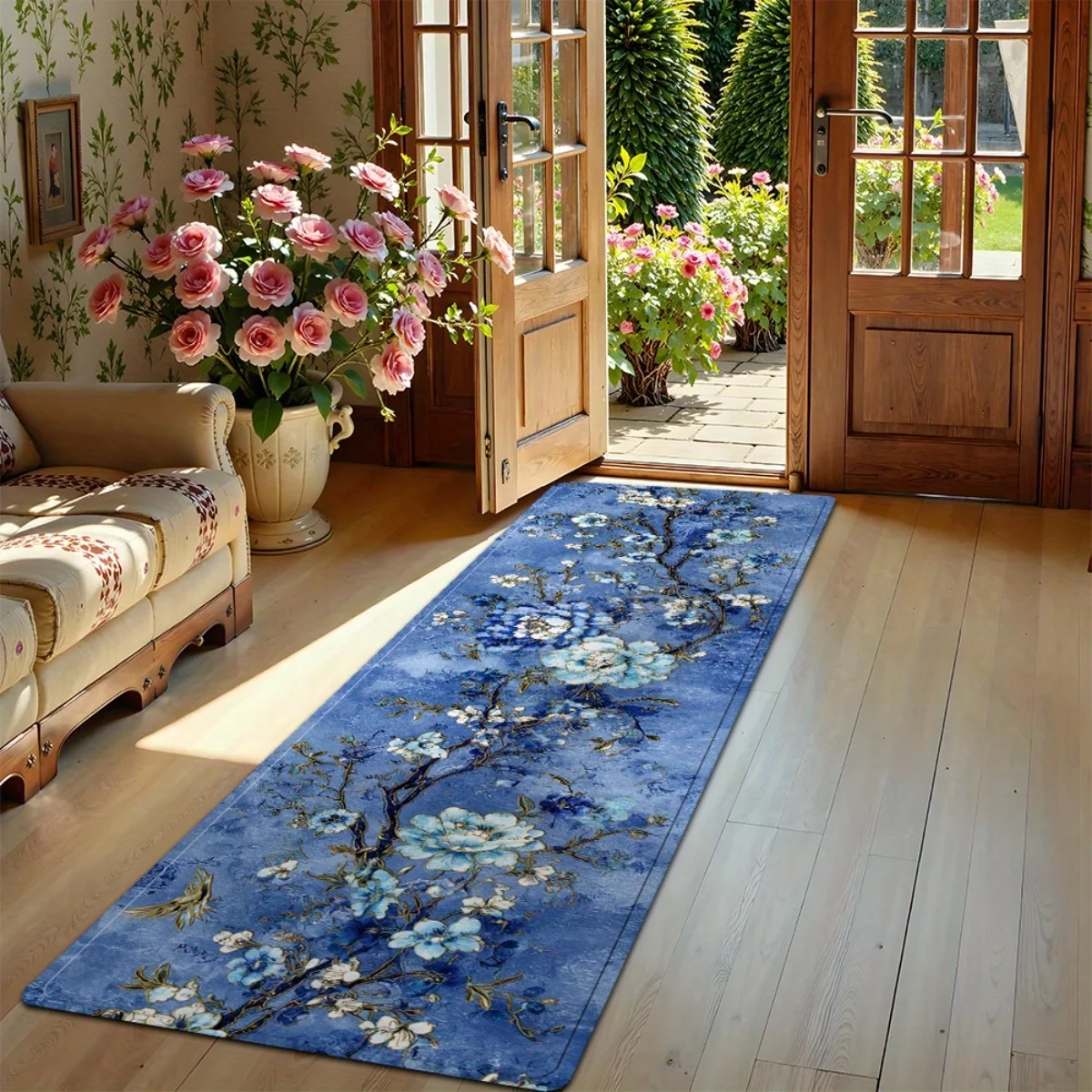 Oriental Blue Peony Bird Runner Mat Anti Slip Water Absorbent Rug Chinese Floral Decor Carpet for Hall Entry Bedroom Bathroom