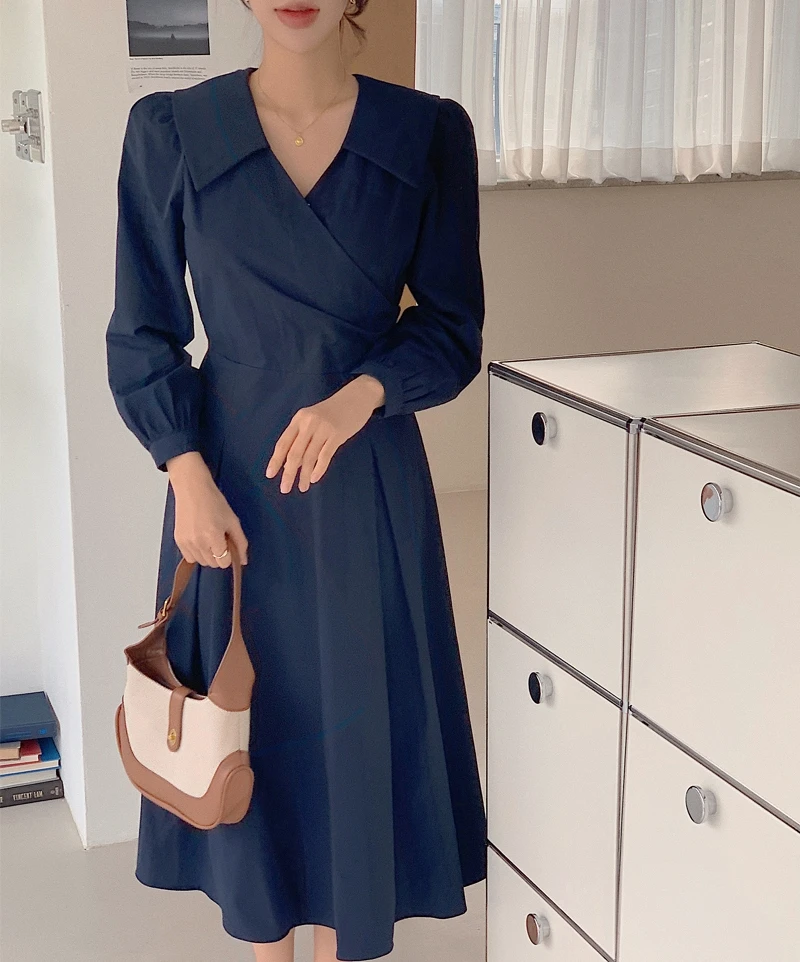 

Korean style Temperament Cross V-neck Lace-up Waist Bubble Sleeve Medium Long Dress Women