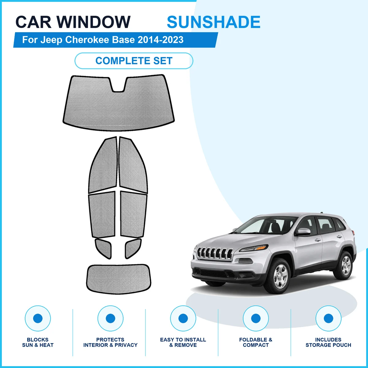 For Jeep Cherokee Base 2014-2023 Custom Full Set Window Sunshades Aluminum Foil Suction Cup Anti UV Privacy